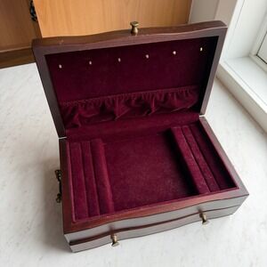 VTG Eureka Mfg Co Wood Jewelry Box Brown Burgundy Velvet Brass Hardware Drawer